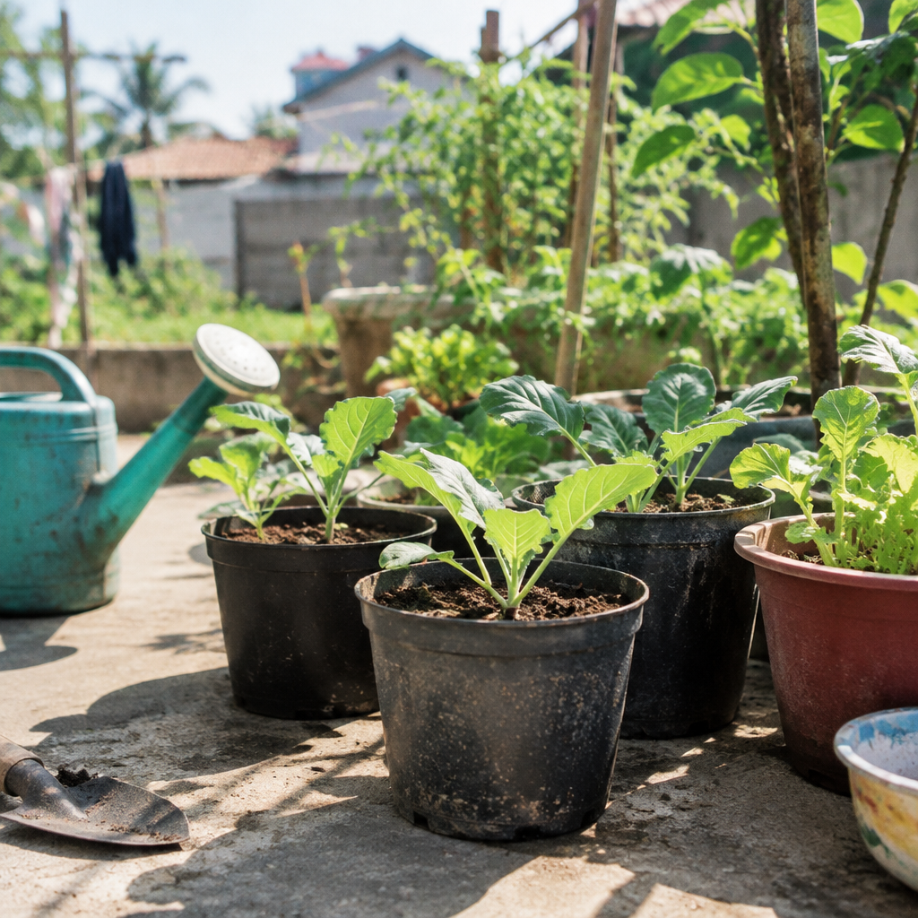 Người phụ nữ đang chăm sóc những chậu rau giống nhỏ trong vườn nhà, thể hiện sự tươi mới của rau sạch sân vườn.