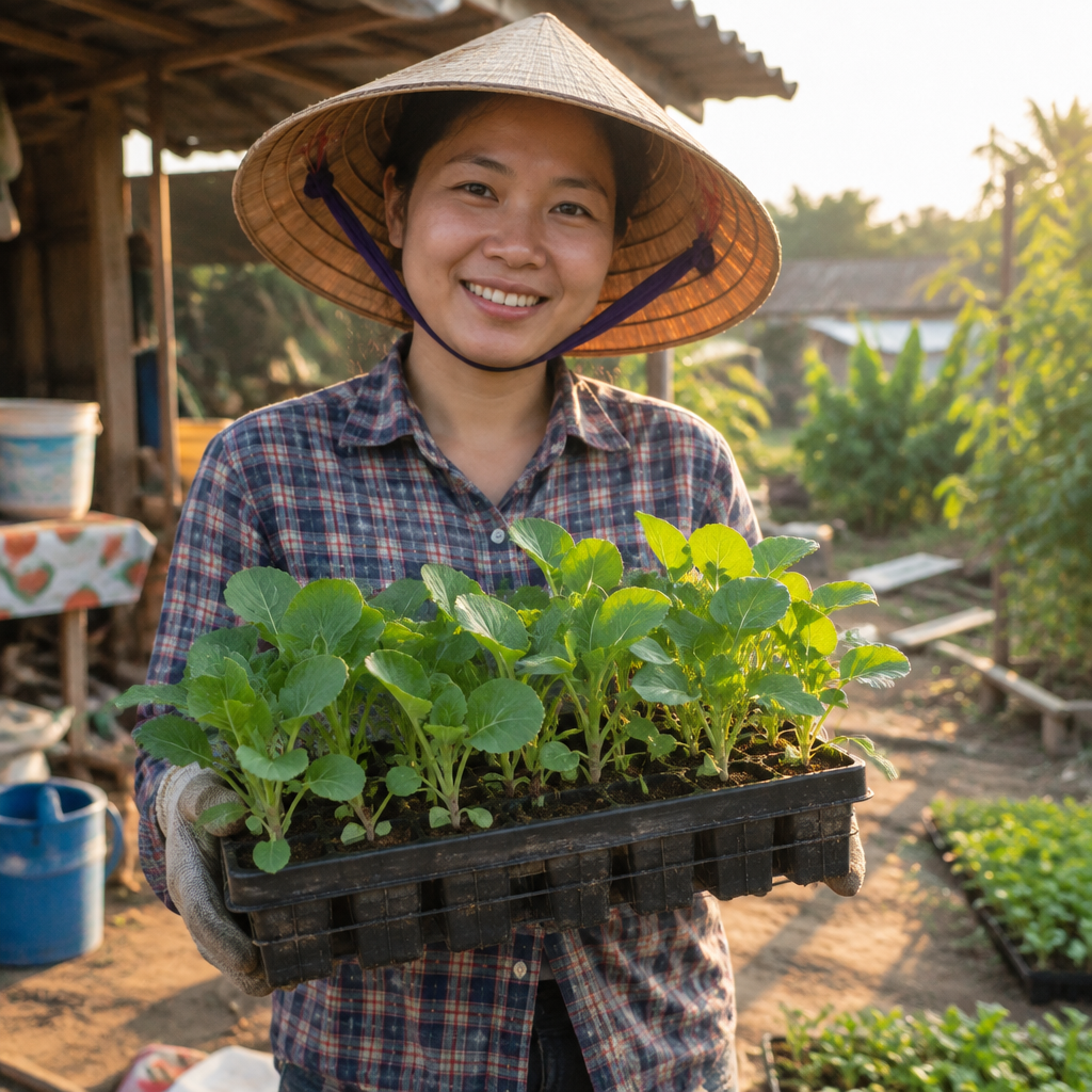 Người nông dân kiểm tra cây giống rau xanh khỏe mạnh