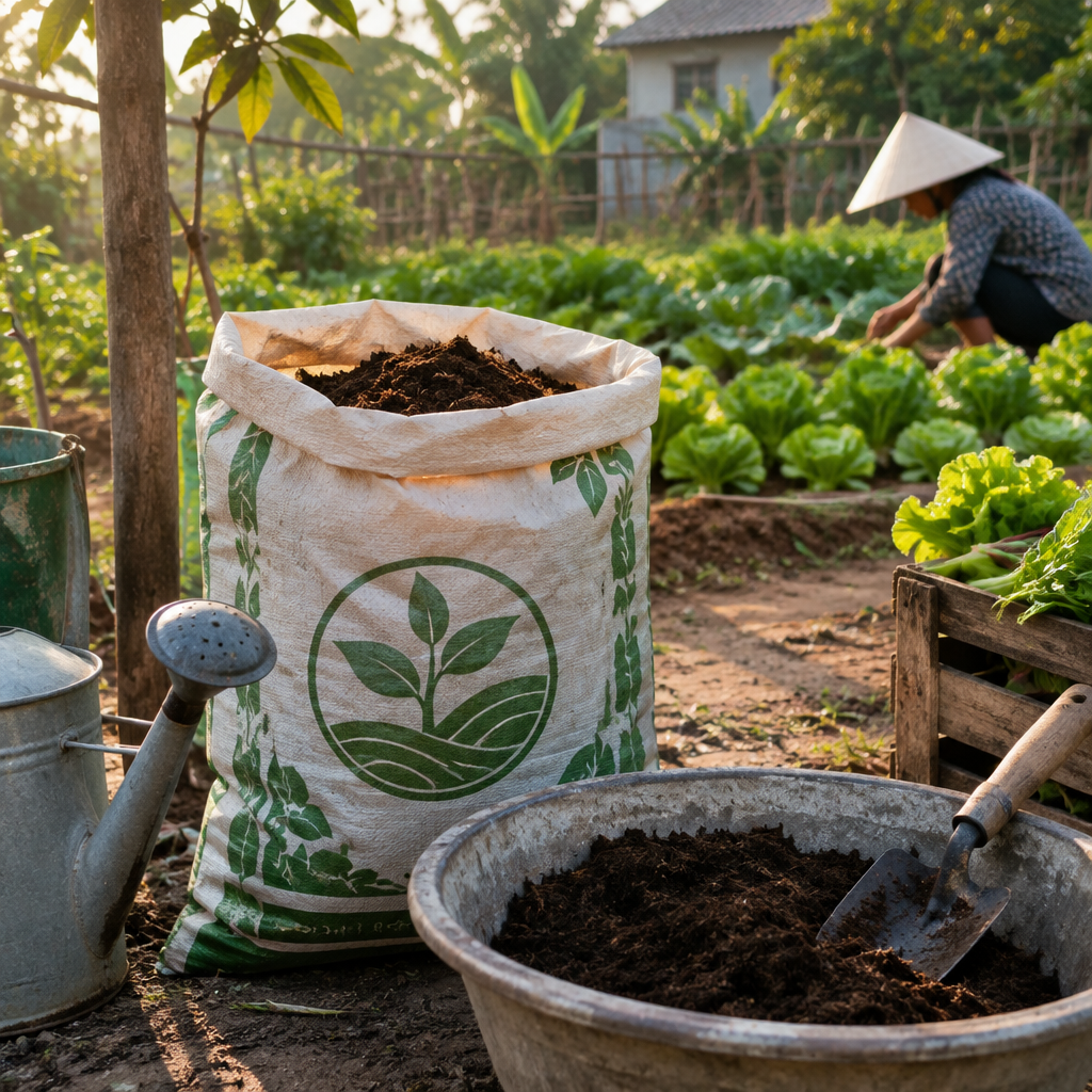 Vườn rau sạch được bón phân hữu cơ đang phát triển xanh tốt.